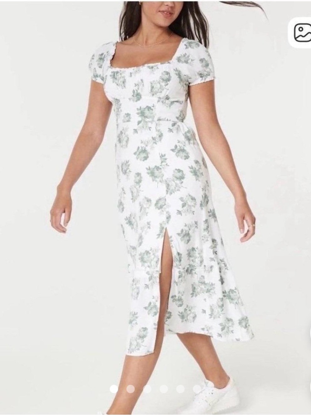 Hollister White Midi Dress with Green Floral Print